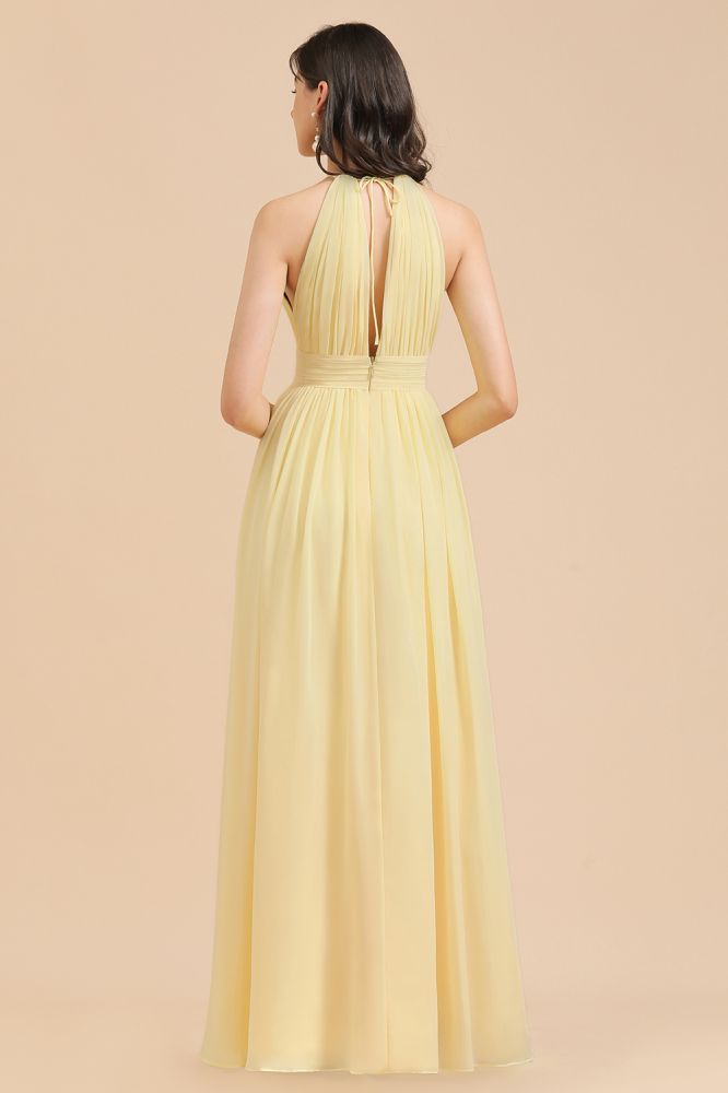 Halter Pleated Chiffon Daffodil Bridesmaid Dress Side Slit Long Wedding Party Dress