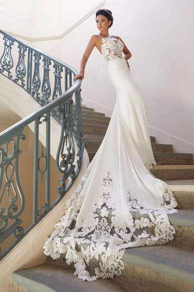 Spaghetti Strap Lace Wedding Dress Online with Chapel Train | White Bridal Gowns under $200