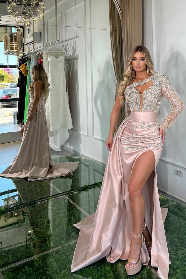 Long sleeves Pink High Split Satin Beaded Prom Dresses