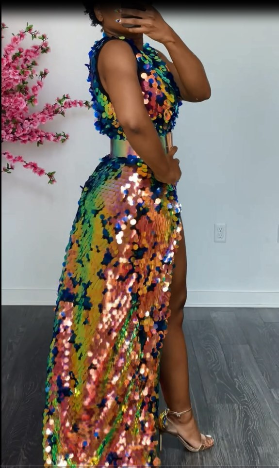 Sleeveless Sparkly Sequined Formal Party Maxi Dress V-Neck