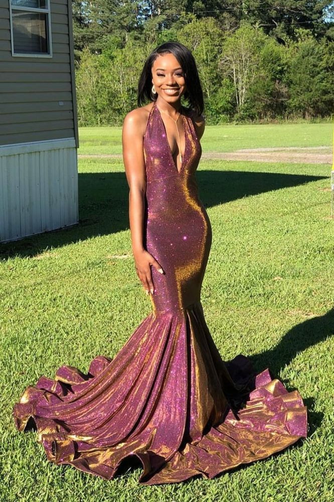 Halter Sexy V-neck Sparkle Prom Dresses | Fit and Flare Sleeveless Elegant Evening Gowns