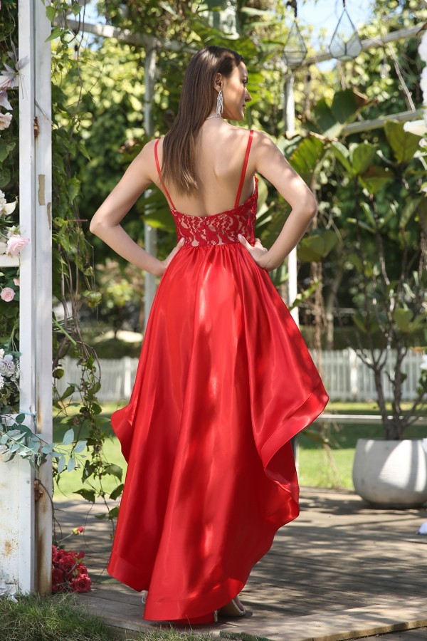 Red short homecoming dress with high low skirt
