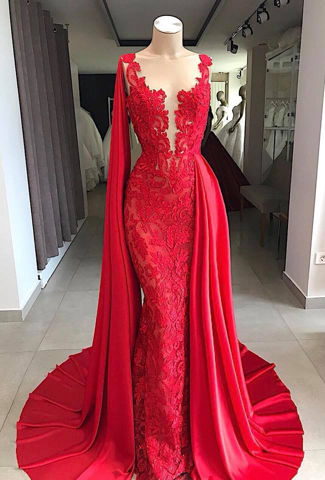 Lace Long Evening Dresses | Sleeveless Red Prom Dresses with Cape