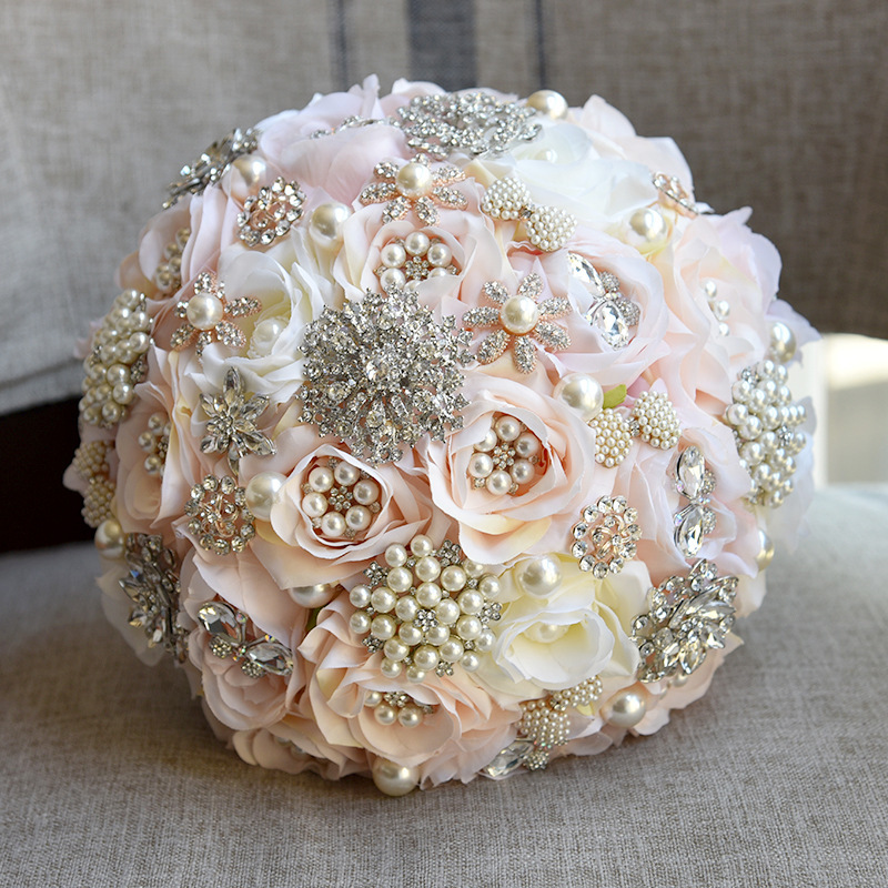 Shiny Crystal Beading Silk Rose Wedding Bouquet in White and Pink