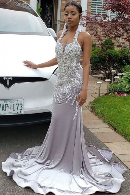 Halter Sparkle Crystal Sliver Prom Dresses | Fit and Flare Alluring Backless Evening Gowns