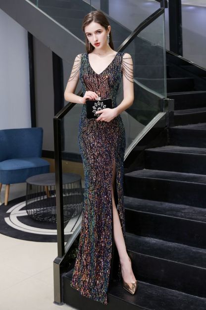 Sparkle V-neck High split Sleeveless Black Evening Dress Online