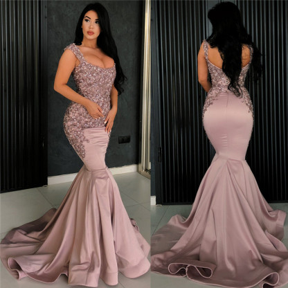 Sexy Pink Mermaid Evening Dress | Straps Appliques Long Formal Dresses
