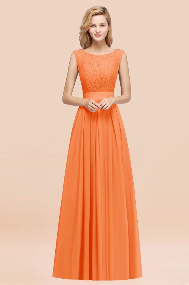 A-line Chiffon Lace Jewel Sleeveless Ruffles Floor-length Bridesmaid Dress
