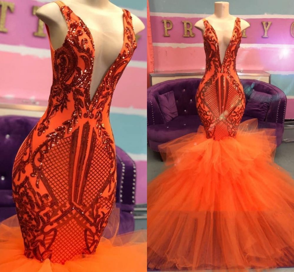 Sexy Sleeveless Deep V-neck Tulle Puffy Train Orange Prom Dress