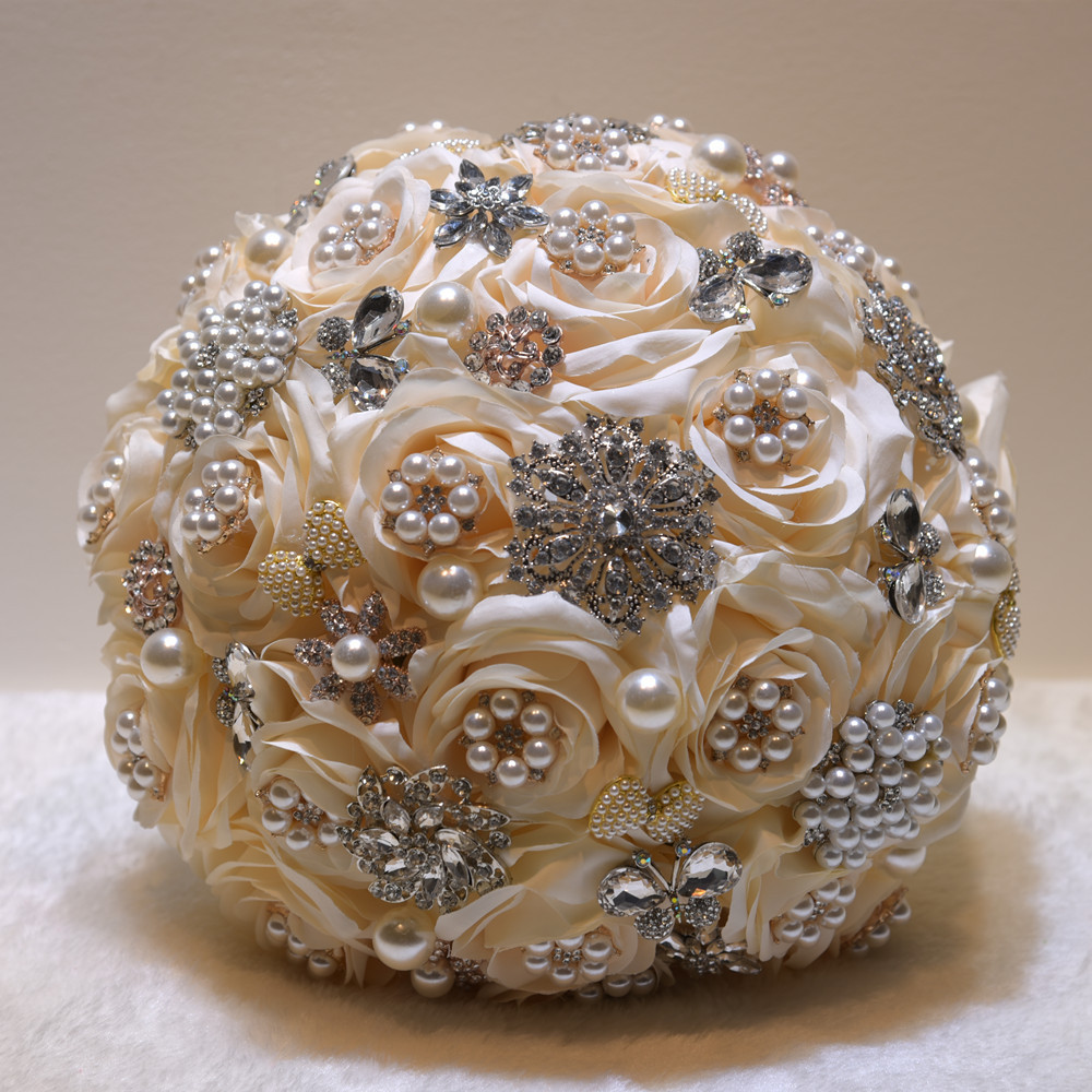 Shiny Crystal Beading Silk Rose Wedding Bouquet in White and Pink