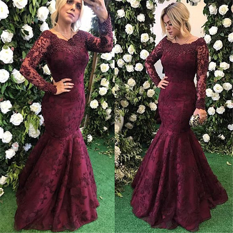 Elegant Long Sleeve Burgundy Evening Dress Mermaid Lace Appliques BMT
