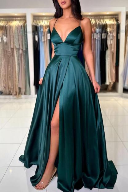 Simple V-neck Dark Green High split A-line Prom Dress
