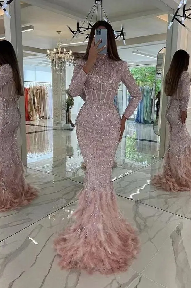 Long sleeves Pink Sequin Mermaid Long Prom Dresses