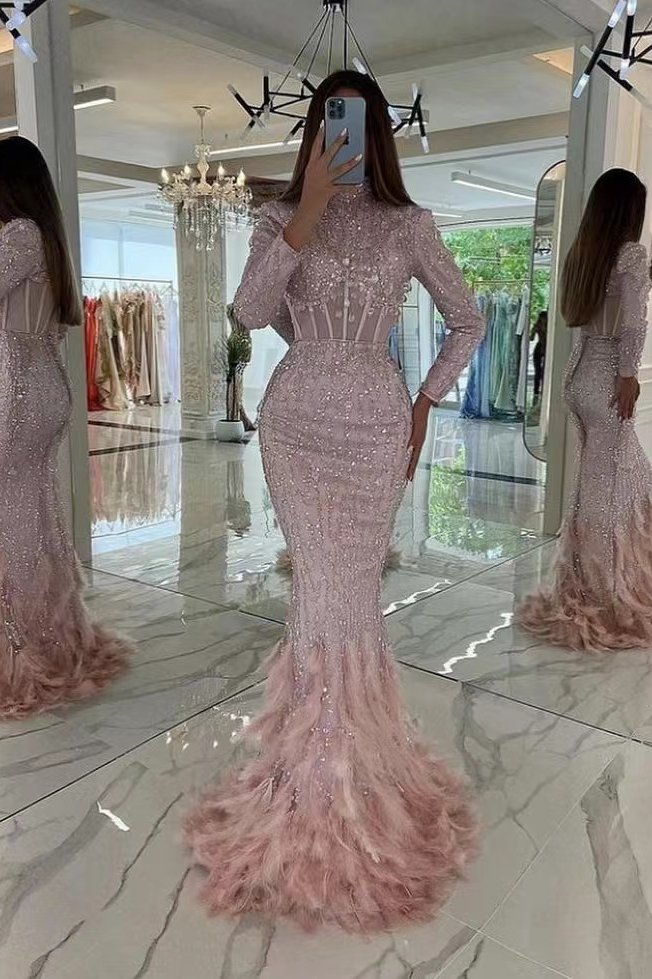 Long sleeves Pink Sequin Mermaid Long Prom Dresses