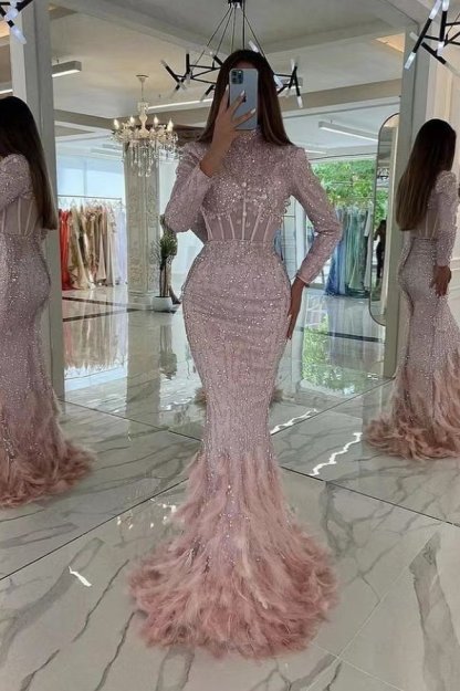 Long sleeves Pink Sequin Mermaid Long Prom Dresses