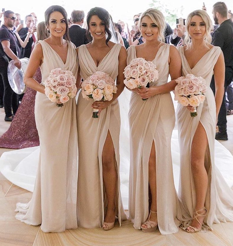 Simple Chiffon Long Bridesmaid Dresses | V-Neck Sleeveless Side-Slit Prom Dresses