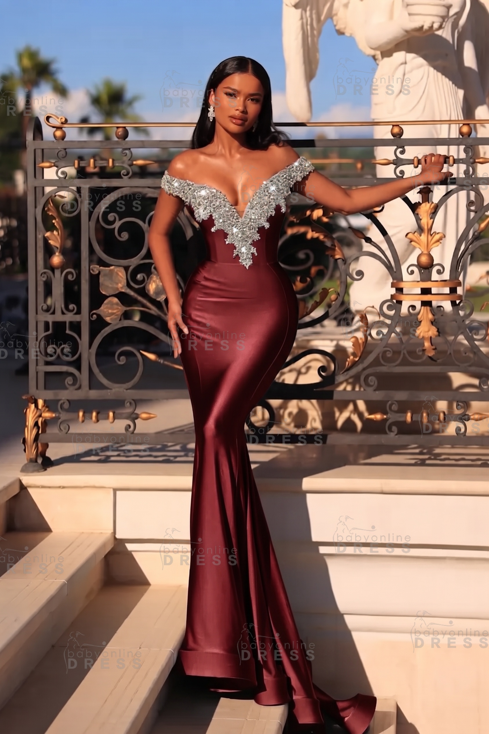 Dusty Blue Off the shoulder Satin Long Prom Dresses