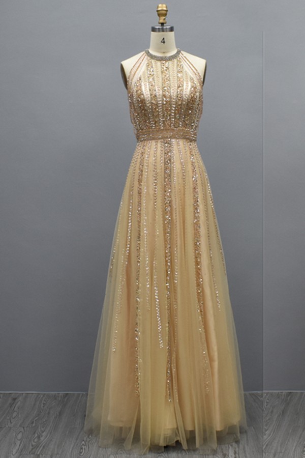Gold beaded sleeveless Tulle Evening Dresses