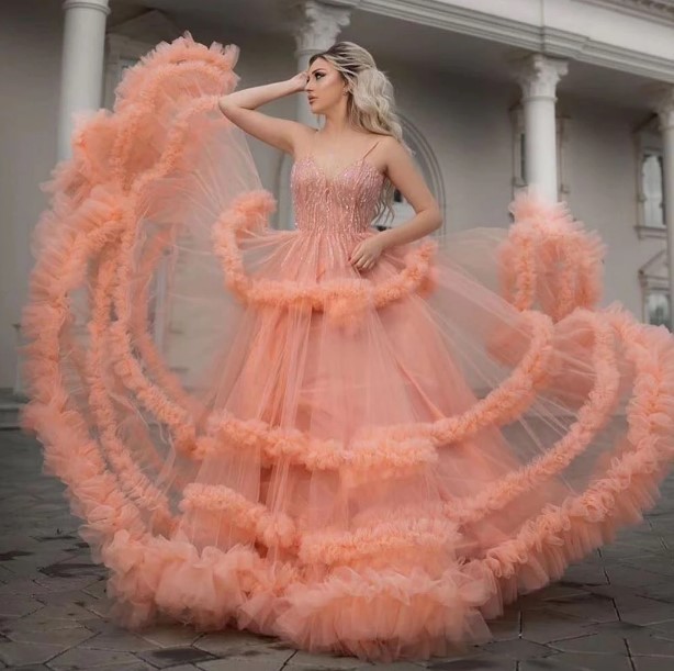 Sexy Spaghetti Straps Coral Evening Gowns | Stylish Sleeveless Tulle Ruffles Long Prom Dresses for Juniors-Babyonlinewholesale