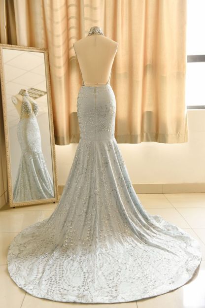 Halter Sleeveless Beaded Mermaid Satin Floor Length Crystal Prom Party Dress