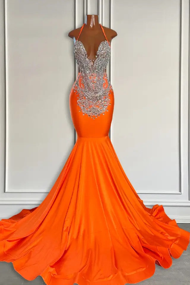 Orange Sweetheart Silver Mermaid Satin Prom Dresses