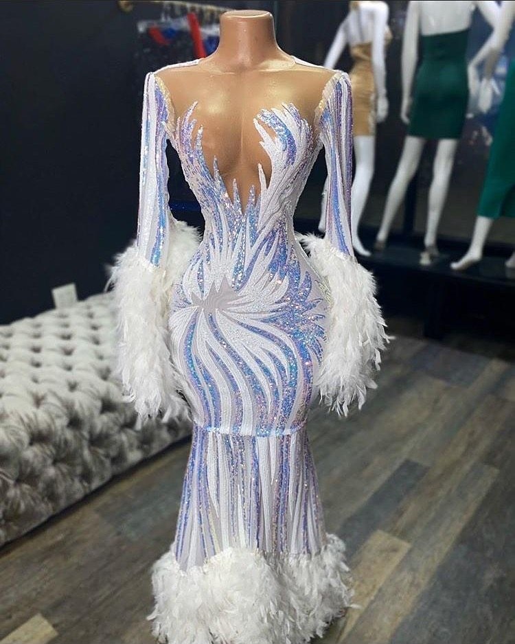 Illusion neck Long sleeve Luxury Fur Sequin Mermaid Prom Dress