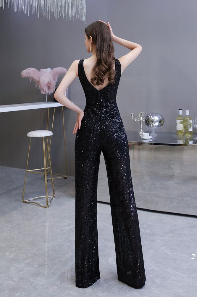 Sexy Shining V-neck Silver Sequin Sleeveless Prom Jumpsuit
