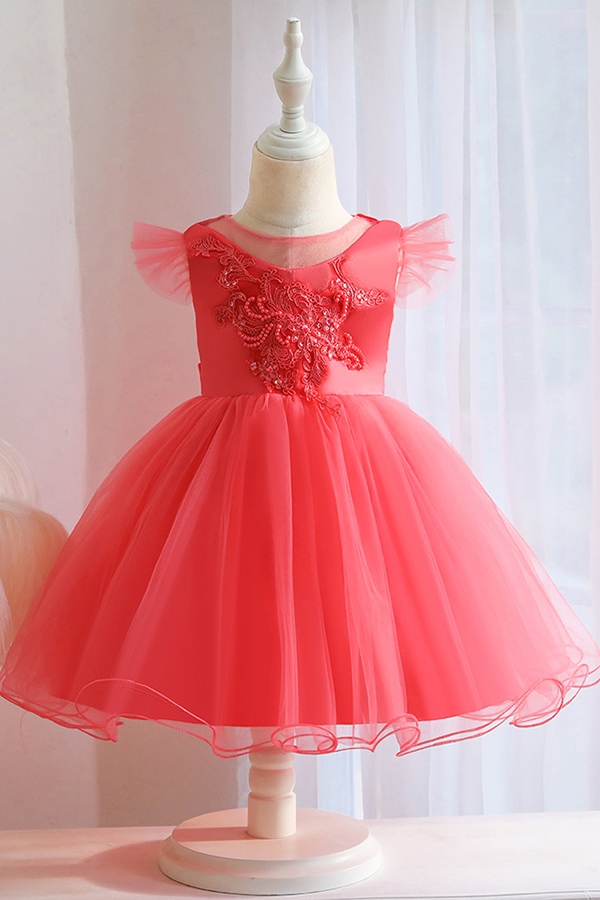 Pink sleeveless vneck a-line puffy princess flower gril dress