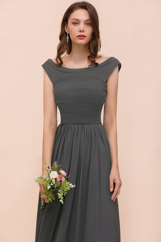 Grey Cap Sleeves 100D Chiffon Long Evening Dress with Side Slit