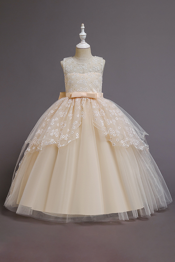 Illusion neck burgundy a-line ankle length flower girl dress