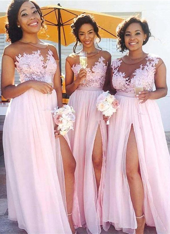A-line Chiffon Lace Jewel Sleeveless Floor-Length Bridesmaid Dresses with Appliques