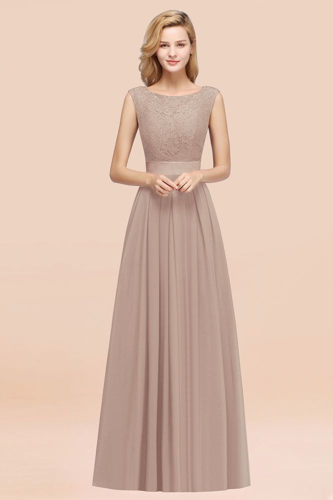 A-line Chiffon Lace Jewel Sleeveless Ruffles Floor-length Bridesmaid Dress