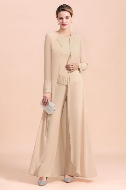 Champagne Long sleeves Jacket Chiffon Mother of the Bride Jumpsuit