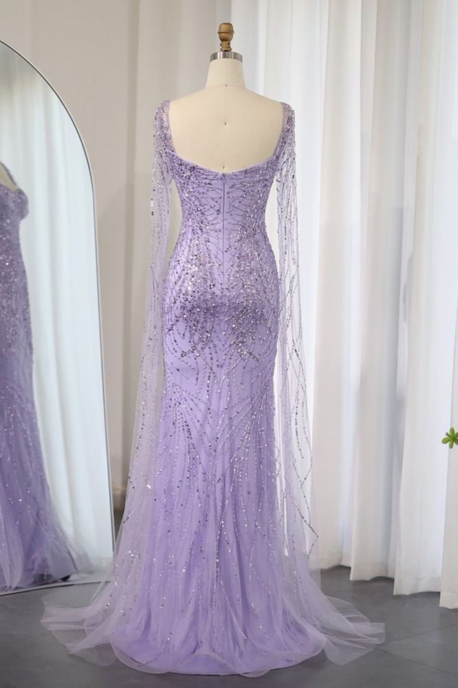 Gorgeous Sweetheart Lilac Mermaid Evening Gowns with Cape Sleeves Glitter Beading Sequins Long Wedding Party Dress-Babyonlinewholesale