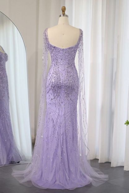 Gorgeous Sweetheart Lilac Mermaid Evening Gowns with Cape Sleeves Glitter Beading Sequins Long Wedding Party Dress-Babyonlinewholesale