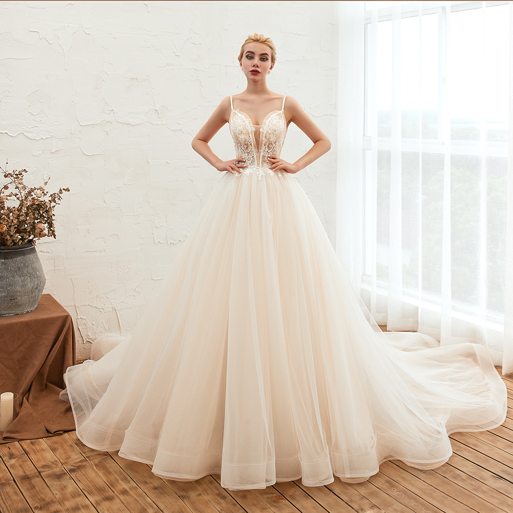 Boho Spaghetti Straps Ivory Ball Gown Wedding Dress | Romantic Bridal Gowns for Sale