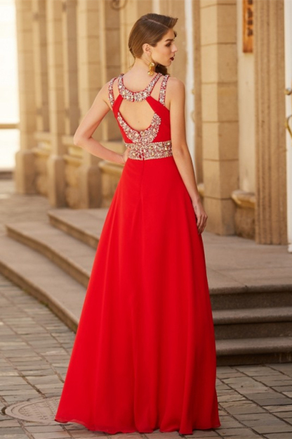 Silvered Beaded Empire Red Long Prom Dresses