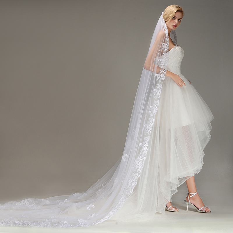 One Layer Wedding Veil with Comb Lace Edge Appliqued Bridal Veil