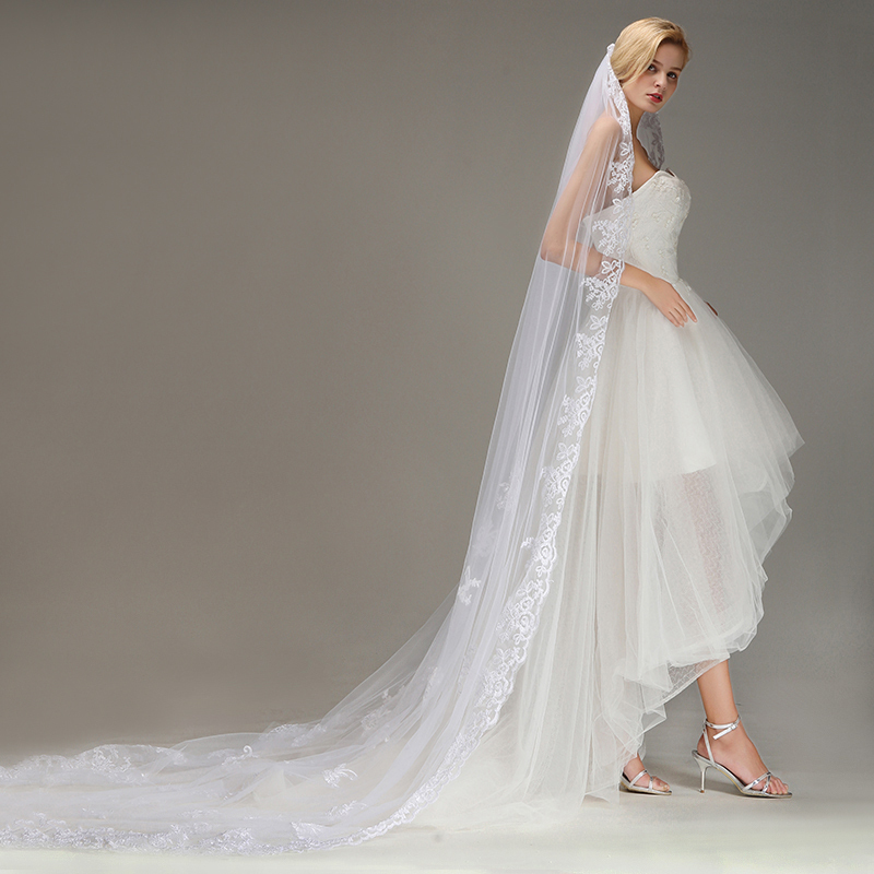 One Layer Wedding Veil with Comb Lace Edge Appliqued Bridal Veil