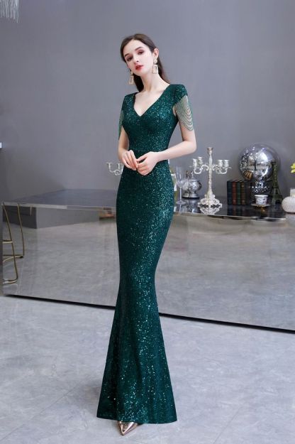 Shining Sequined Emerald Green Mermaid Cap sleeve Long Prom Dress