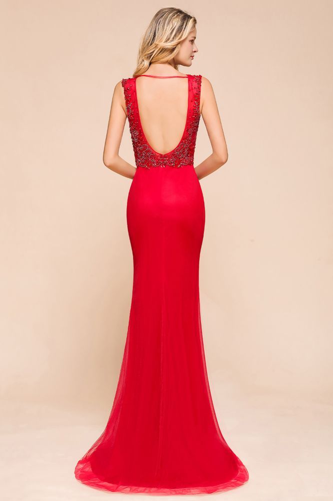 Sexy Open Back Plunging V-neck Sleeveless Ruby Red A-line Prom Dress with Beaded Belt