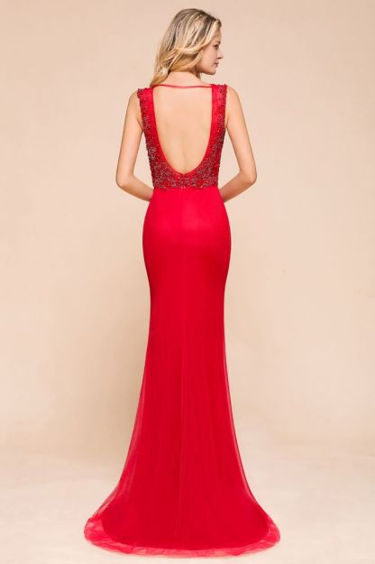 Sexy Open Back Plunging V-neck Sleeveless Ruby Red A-line Prom Dress with Beaded Belt