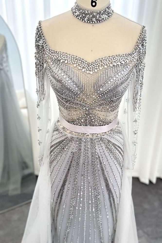 Gorgeous High Neck Beading Sequins Mermaid Evening Gown Long Sleeves Tulle Party Dress with Sweep Train-Babyonlinewholesale
