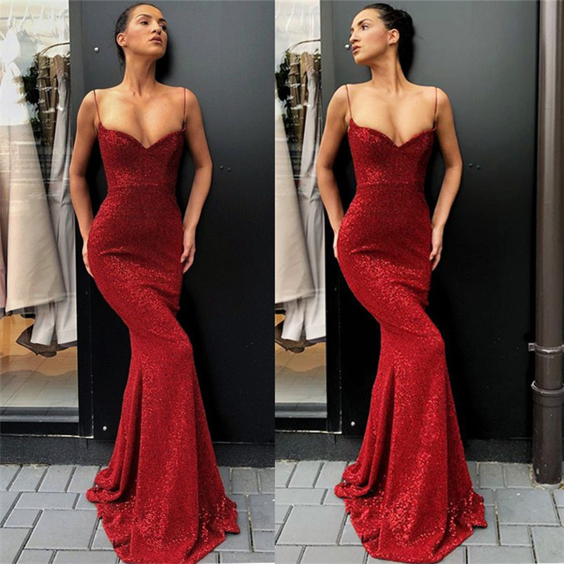 Sexy Spaghetti Straps Sequins Long Evening Dresses | Sheath Formal Dresses Online BC0920