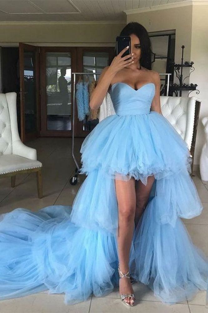 Light Blue High Low Ruffles Tulle Prom Dresses