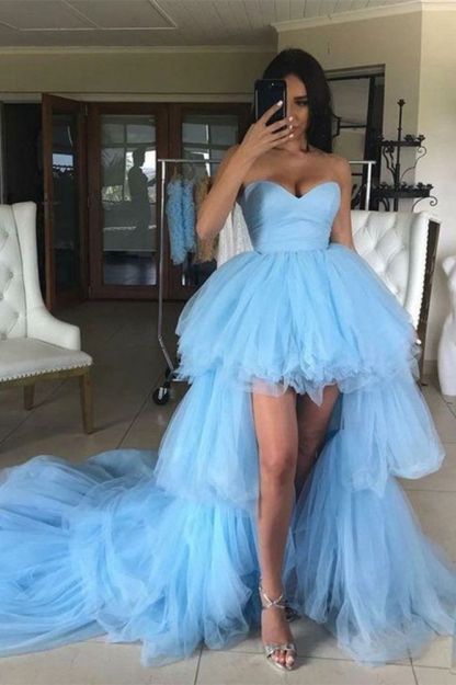 Light Blue High Low Ruffles Tulle Prom Dresses