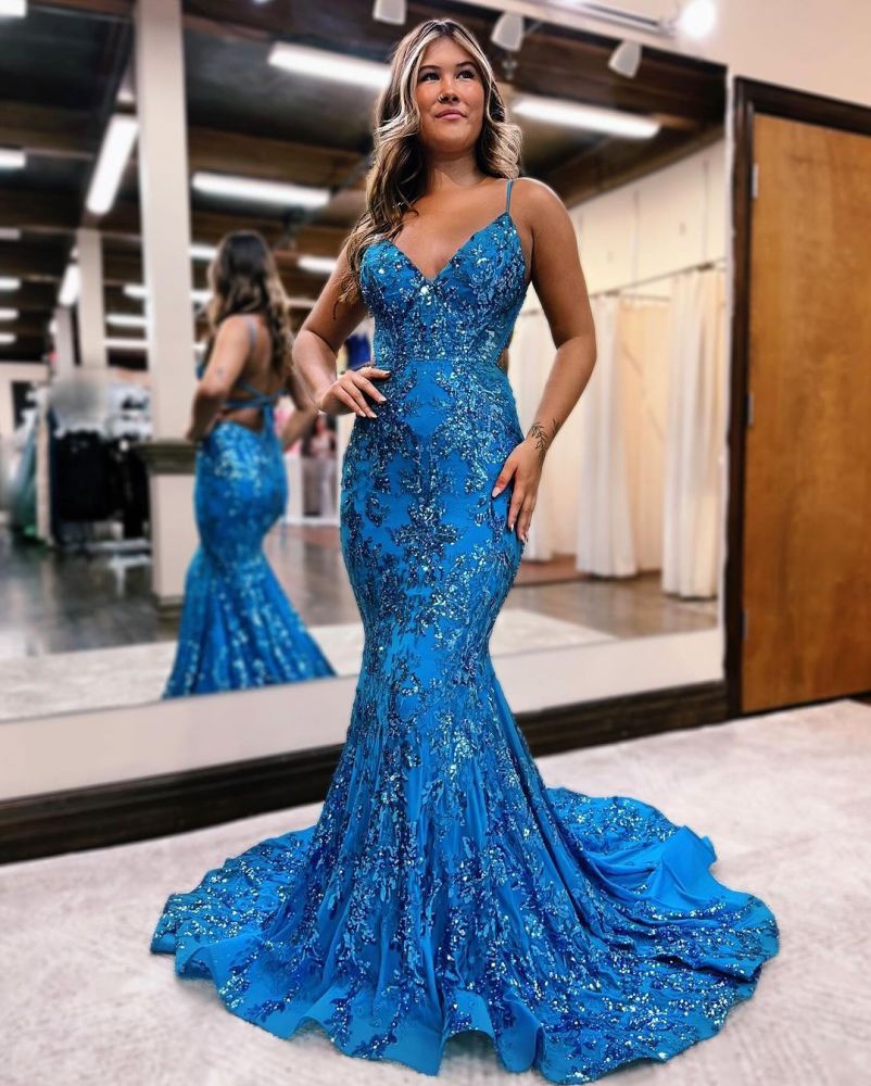 Sweetheart Blue Lace Mermaid Court Train Prom Dresses