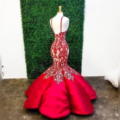 V-neck Straps Burgundy Mermaid Lace Prom Dresses