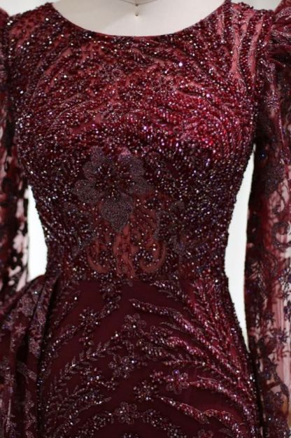 Luxury Scoop Puffy Sleeves Mermaid Evening Gown Sparkly Beading Floral Appliques Formal Dress with Sweep Train-Babyonlinewholesale