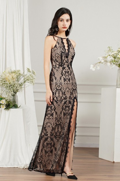 Black lace bridesmaid dress with high split